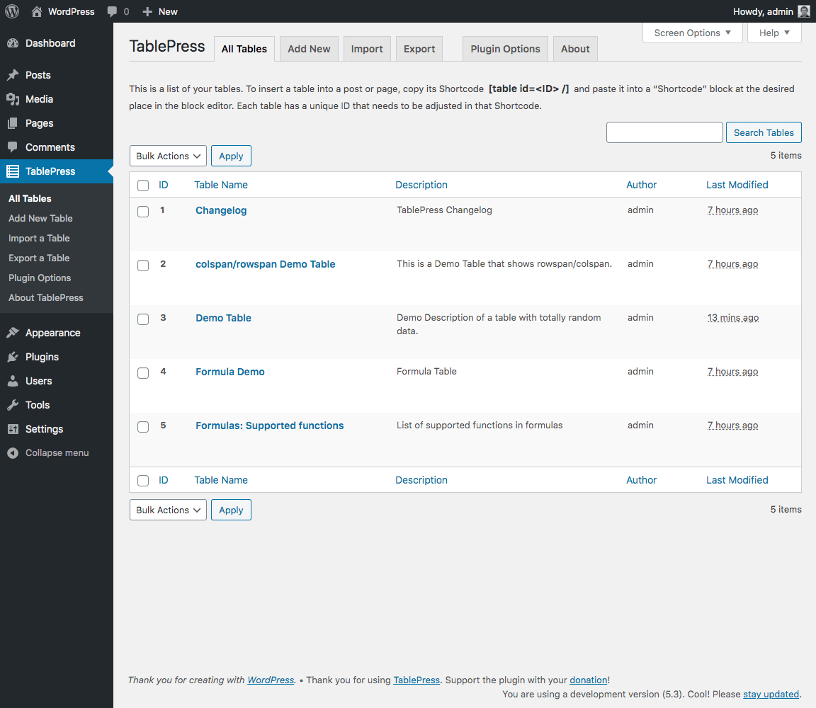 free plugin TablePress